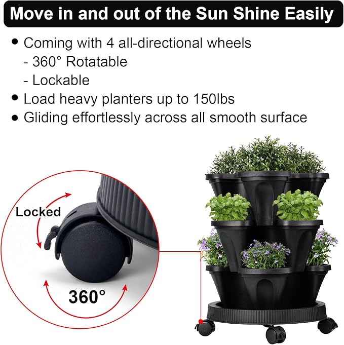 GameXcel Vertical Planter, 3 Tier Stackable Strawberry Planter with Garden Tool Set, Movable Indoor/Outdoor Garden Herb Pot for Growing Vegetables and Succulents, Black