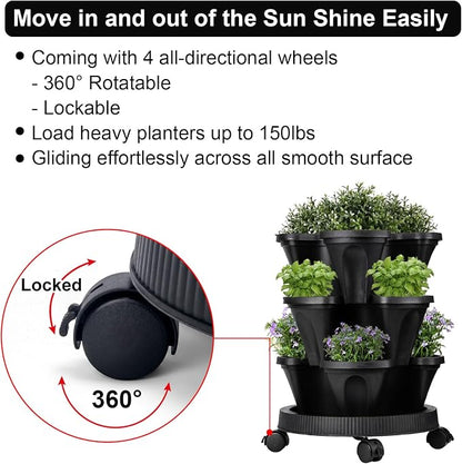GameXcel Vertical Planter, 3 Tier Stackable Strawberry Planter with Garden Tool Set, Movable Indoor/Outdoor Garden Herb Pot for Growing Vegetables and Succulents, Black