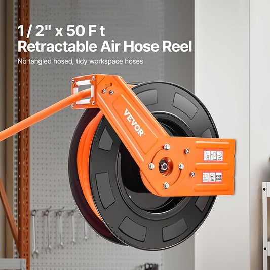 VEVOR Retractable Air Hose Reel, 1/2 IN x 50 FT Hybrid Air Hose Max 300PSI, Air Compressor Hose Reel Auto-Rewind with 5FT Lead in, Ceiling/Wall Mount Heavy Duty Single Arm Steel Reel, 1/2" NPT Fitting
