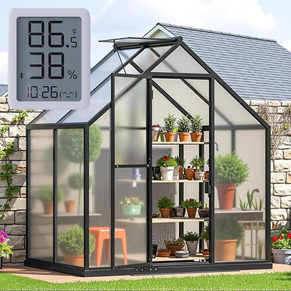 6X4FT Enhanced Aluminum Small Greenhouse for Outdoors with Thermometers | Easy Assembly, UV-Resistant Panels, Built-in Reinforcement, Lockable Sliding Door, Roof Vent, For Vegetable, Flower and Herb
