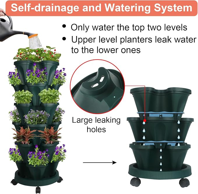GameXcel Vertical Planter Tower - 6 Tier Stackable Garden Planters with Wheels and Tools Plant Pots for Strawberry Herb Flower and Vegetable Indoor Outdoor Use Green