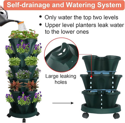 GameXcel Vertical Planter Tower - 6 Tier Stackable Garden Planters with Wheels and Tools Plant Pots for Strawberry Herb Flower and Vegetable Indoor Outdoor Use Green