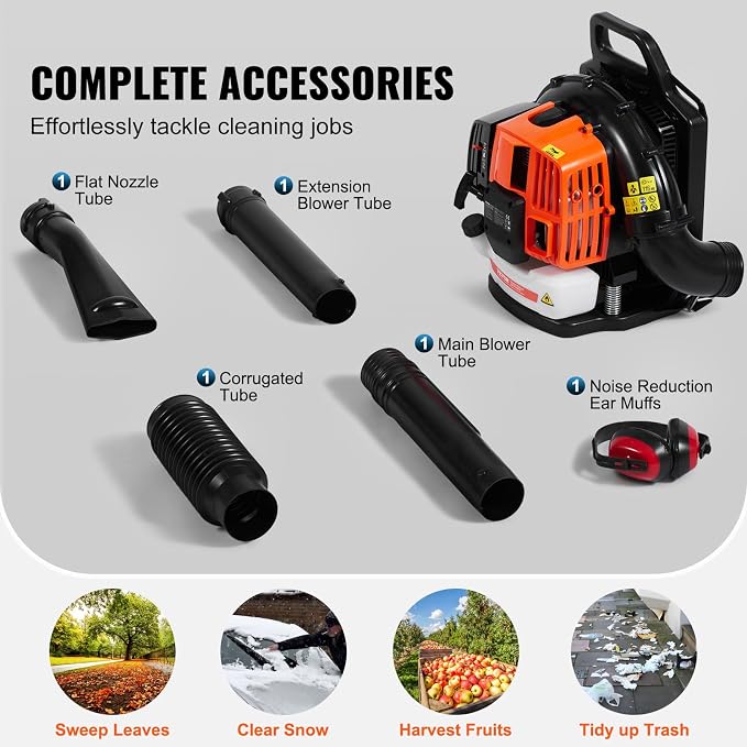 VEVOR 63CC Backpack Leaf Blower Gas Powered, 1.89L Tank, Delivers 1110CFM & 220MPH, Perfect for Garden Maintenance, Clearing Leaves & Snow