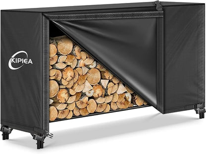 Kipiea 6FT Waterproof Firewood Storage Log Rack Cover, Heavy Duty 600D Outdoor Wood Storage Rack Cover with Buckles and Full-Length Hook & Loop Fastener, Tear-Resistant