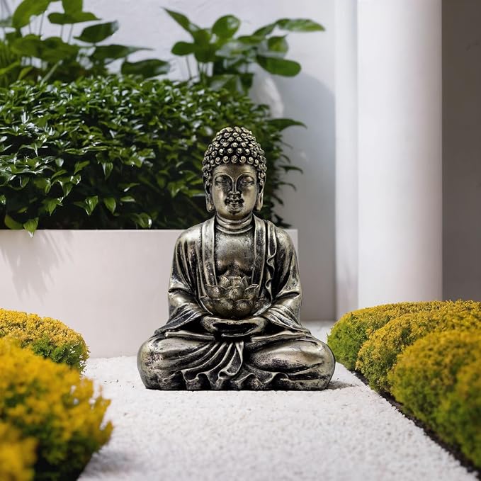 Buddha Lotus Statue with Solar Lights, Resin LED Figurine for Garden Decor – Unique Gift for Women and Friends(Copper Buddha)
