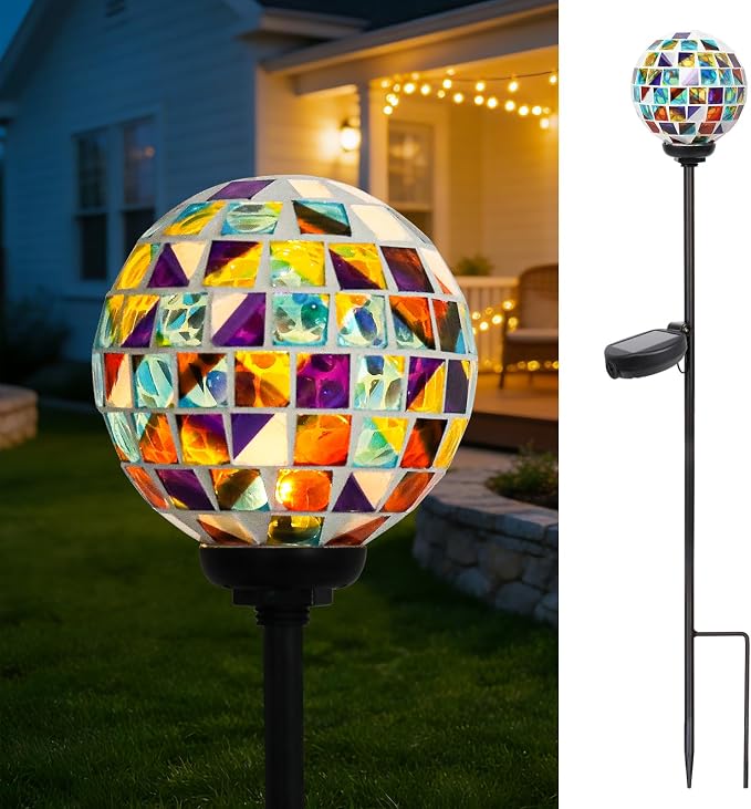 VCUTEKA Solar Lights Outdoor Decorative - Waterproof Mosaic Solar Garden Light, LED Pathway Stake for Landscape Lawn Patio Yard, Solar Globe Lights Outdoor, 1 Pack Multi
