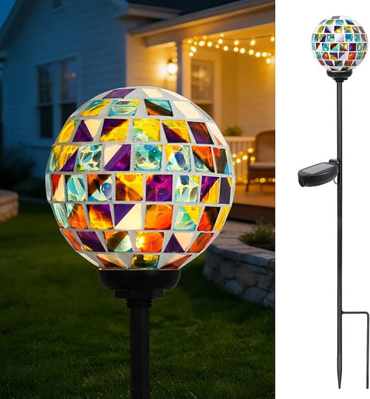 VCUTEKA Solar Lights Outdoor Decorative - Waterproof Mosaic Solar Garden Light, LED Pathway Stake for Landscape Lawn Patio Yard, Solar Globe Lights Outdoor, 1 Pack Multi