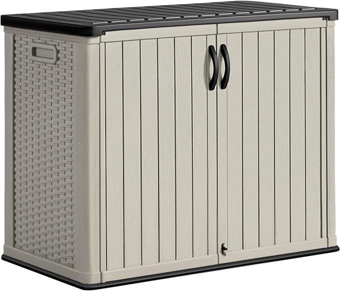 Greesum Outdoor Horizontal Storage Sheds 26 Cu.ft, Resin Large Storaged Box Weather Resistance Without Shelf, Easy to Assemble, Prefect for Garden, Patio, Backyard, Beige