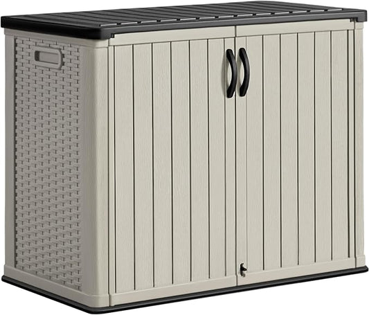 Greesum Outdoor Horizontal Storage Sheds 26 Cu.ft, Resin Large Storaged Box Weather Resistance Without Shelf, Easy to Assemble, Prefect for Garden, Patio, Backyard, Beige