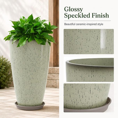 Neoaider Set of 2 Tall Planter, 21 inch Large Plastic Planter, Drip Glaze | Ceramic-Look, Lightweight, Built-in Drain Hole, Saucers, Tall Outdoor Planter for Porch, Garden, Patio, Balcony