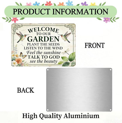 Funny Garden Metal Signs, Vintage Outdoor Wall Decor 8x12 Inch | Welcome To Our Garden Sign, Weatherproof Aluminum Sign for Patio Yard Greenhouse, Gift For Gardeners