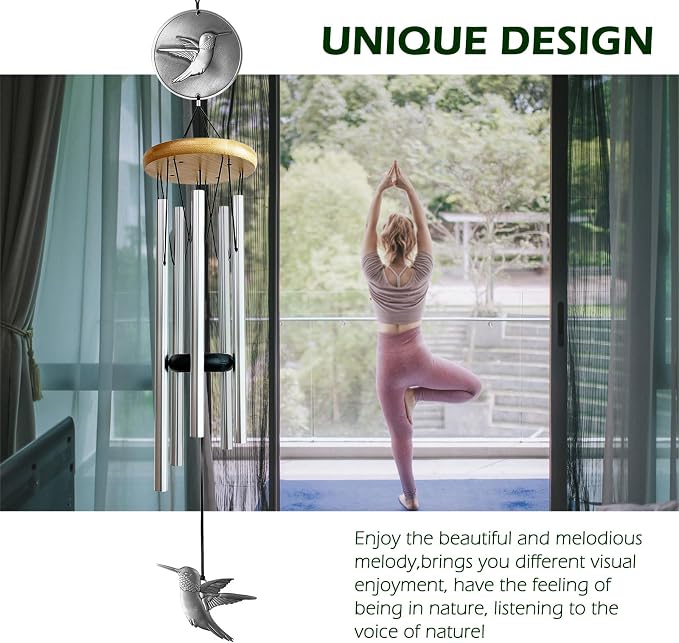 Hummingbird Wind Chimes for Outside,29 "Outdoor Wind Chimes Hummingbird Gifts for Women/Mother/Father/Christmas/Unisex,Unique Windchimes Outdoors Patio Home Yard Garden Decor(Silver)