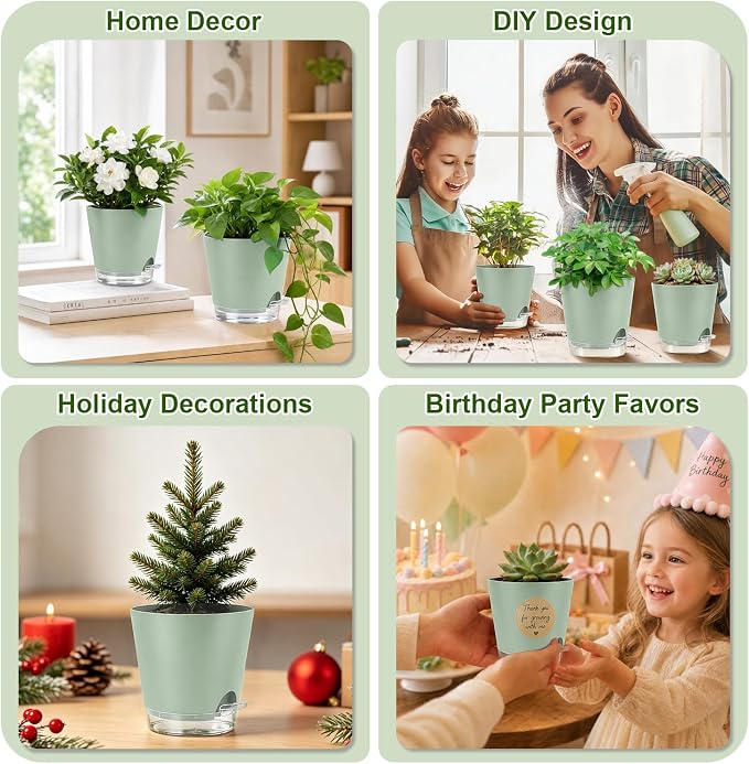 QRRICA 5/5.5/6/6.5/7/8 inch Self Watering Pot Set, Visible Water Level Planter with Transparent Reservoir & Drainage Holes, Plastic Flower Pots with Cotton Rope for Indoor/Outdoor Use (Green)