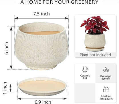 7.5 Inch Ceramic Planter with Saucer,Modern Garden Pots with Drainage Hole Mesh Net, for Indoor Outdoor Use (Silk White)