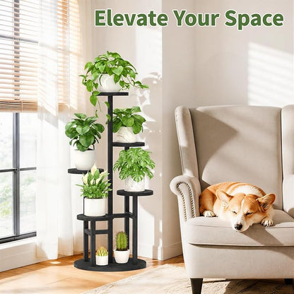 LASZOLA 5 Tiered Wood Plant Stand Indoor Corner, Flower Holder Rack Tall for Multiple Plants, Rustic Planter Shelf Display for Patio Garden Balcony Living Room， Black