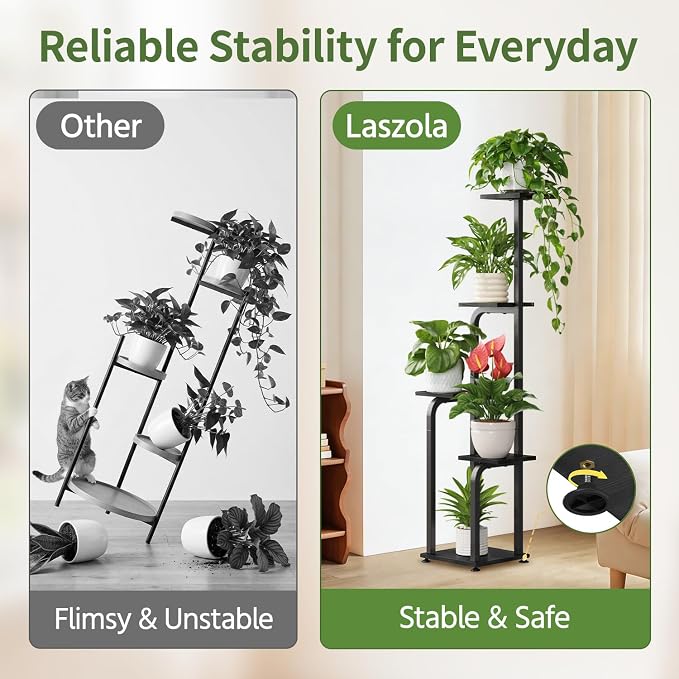 LASZOLA 5 Tiered Plant Stand Tall for Indoor Corner, Modern Multiple Flower Display Rack with Wooden Tray, Vertical Planter Shelf for Living Room Bedroom Patio Garden Balcony, Black