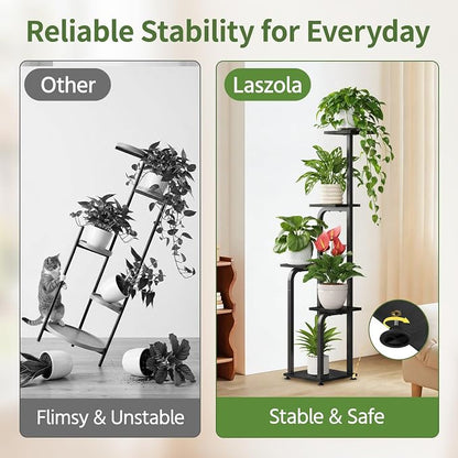 LASZOLA 5 Tiered Plant Stand Tall for Indoor Corner, Modern Multiple Flower Display Rack with Wooden Tray, Vertical Planter Shelf for Living Room Bedroom Patio Garden Balcony, Black