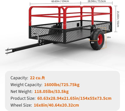 PeakPursuit Tow Behind Steel Dump Cart, Heavy Duty Yard Garden Trailer with Removable Sides & All Terrain Tires, Fits Lawn Mower, Tractor, Garden Cart, 1600 lbs 22 Cubic Feet, Red