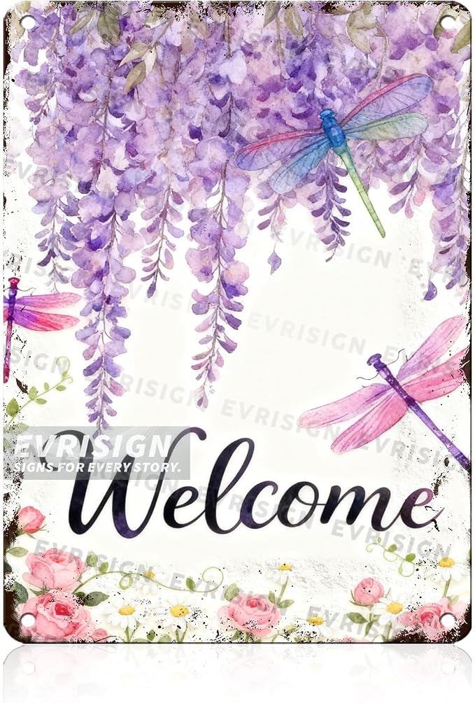 Dragonfly Hello Spring Floral Metal Tin Sign Happy Spring Garden Decor For Spring Decor Lovers Colorful Flowers Home Yard Patio Outdoor Wall Art Sign 12x16inch