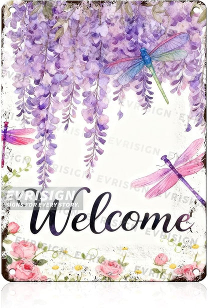 Dragonfly Hello Spring Floral Metal Tin Sign Happy Spring Garden Decor For Spring Decor Lovers Colorful Flowers Home Yard Patio Outdoor Wall Art Sign 12x16inch