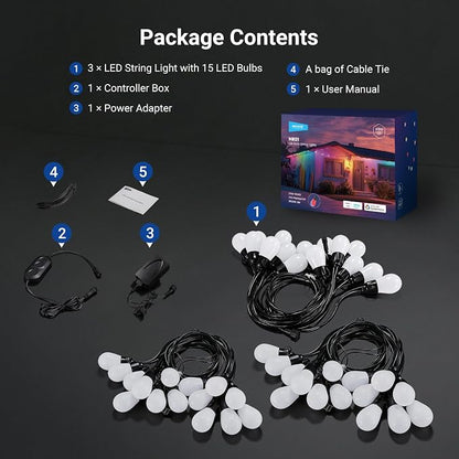 NEEWER 144ft Outdoor String Lights, App Control Smart AI RGB IC W Patio Balcony Backyard Outside Hanging Lighting, IP65 Waterproof, 45 LED Bulbs, 50+ Scenes, Compatible with Alexa Google, NR01