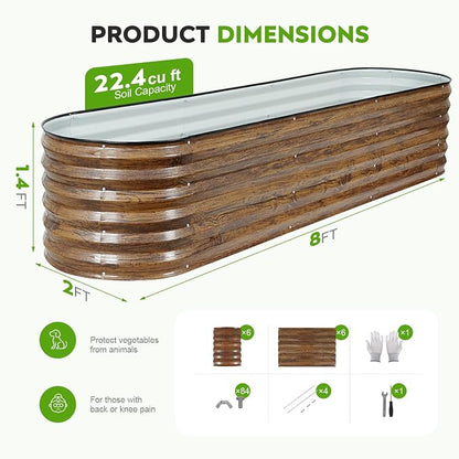 Galvanized Raised Garden Bed Outdoor- 2PCS 8x2x1.4ft Oval Steel Raised Beds for Gardening, Metal Planter Box with Protective Strip and Gloves for Vegetables, Flowers, Fruits (Brown)