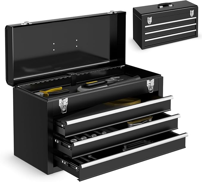 Goplus Tool Box with 3 Drawers, 4-Tier 20.5" Portable Tool Chest Organizer with Top Tool Tray, Auto Lock, Protective Liner, Handle, Steel Metal Small Toolbox for Gargae, Workshop, Home