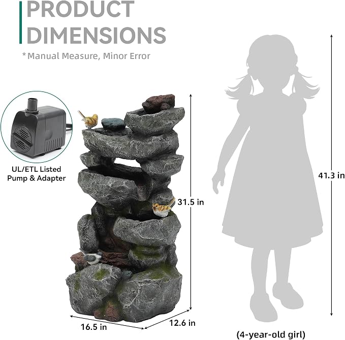 AUTODAYA 31.5" H Multi-Tier Rock Outdoor Fountain with LED Lights&Birds | Unique Water Feature with both Cascading Waterfall and Rainy Look Waterfall for Patio, Backyard, Garden or Porch