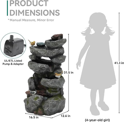 AUTODAYA 31.5" H Multi-Tier Rock Outdoor Fountain with LED Lights&Birds | Unique Water Feature with both Cascading Waterfall and Rainy Look Waterfall for Patio, Backyard, Garden or Porch