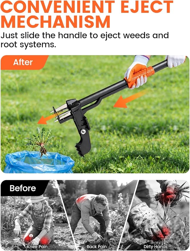 Weed Puller Tool 4-Claw Stand Up Weed Remover tools with Ergonomic Long Handle/Foldable Foot Pedal/Easy Eject,Heavy Duty Garden Weeding Tools for Dandelion,Crabgrass,Thistle–No Bending Kneeling