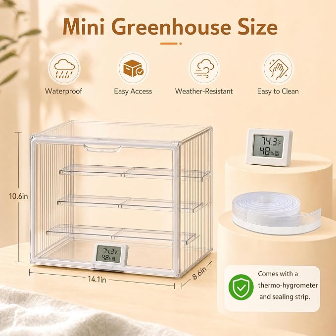 Clear Mini Greenhouse Indoor, Small Portable Tabletop Greenhouse with Indoor Greenhouse Door Thermometer and Hygrometer for Seed Starting, Plant Cabinet Grow Warmer and Home Gardening Display