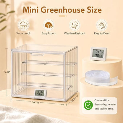 Clear Mini Greenhouse Indoor, Small Portable Tabletop Greenhouse with Indoor Greenhouse Door Thermometer and Hygrometer for Seed Starting, Plant Cabinet Grow Warmer and Home Gardening Display
