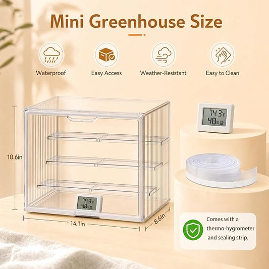 Clear Mini Greenhouse Indoor, Small Portable Tabletop Greenhouse with Indoor Greenhouse Door Thermometer and Hygrometer for Seed Starting, Plant Cabinet Grow Warmer and Home Gardening Display