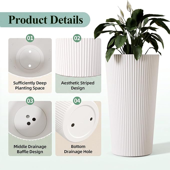 24" Tall Planters for Outdoor Plants with Insert, Set of 2 White | Large Outdoor Planters for Front Porch Decor with Drainage Hole, Plastic Striped Flower Pots Fits Indoor Plants Patio Garden