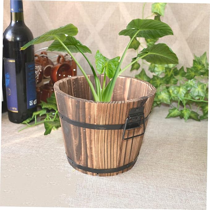 3 Pcs Wooden Bucket Flower Pot Retro Barrel Planter for Succulents Garden Decor for Patio Lawn Balcony Courtyard Solid Color Rustic Wooden Flower Pots