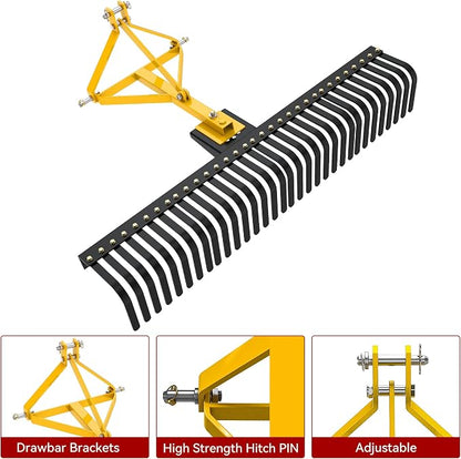 YITAMOTOR 3 Point Landscape Rock Rake for Category 1, 5 FT Attach Tractor Rake with 360 Degree Rotation, Tow-Behind Lawn Garden Tool Attachment for Compact Tractors | 5 FT Attach Tractor Rake with 360 Degree Rotation, Tow-Behind Lawn Garden Tool Attach...