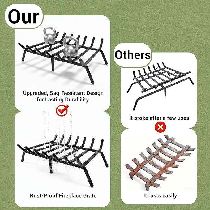 24 Inch Fireplace Grate, 1/2" Solid Steel Fireplace Log Holder, Heavy Duty Firewood Log Burning Rack with 7 Support Bars & 6 Support Legs for Indoor Outdoor Camping