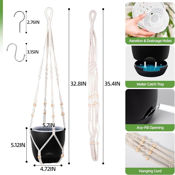 QCQHDU 2-Pack 5.7-Inch Macrame Self-Watering Hanging Planters, Pure Black | Small Plant Pots, Indoor & Outdoor, With Drainage, Two Sets of Hooks