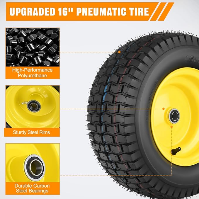 Yesker 16x6.50-8 Pneumatic Lawn Mower Tire and Wheel with 3/4" Bearing Bore, 16x6.50-8nhs Rubber Riding Lawnmower Tires with 3" Center Hub, 2 Pack