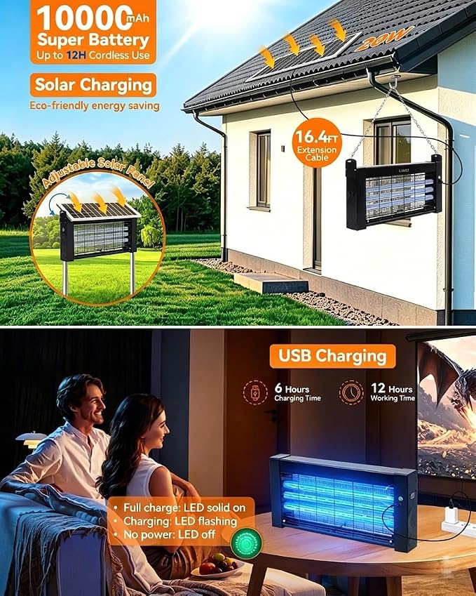 20W Solar Bug Zapper Outdoor, LANGY Upgrade 3-Tube 365nm Solar Mosquito Zapper Outdoor Waterproof, 4500V Electric Cordless Fly Insect Zapper Mosquitos Trap Auto On/Off w 10Ah Battery for Patio Camping