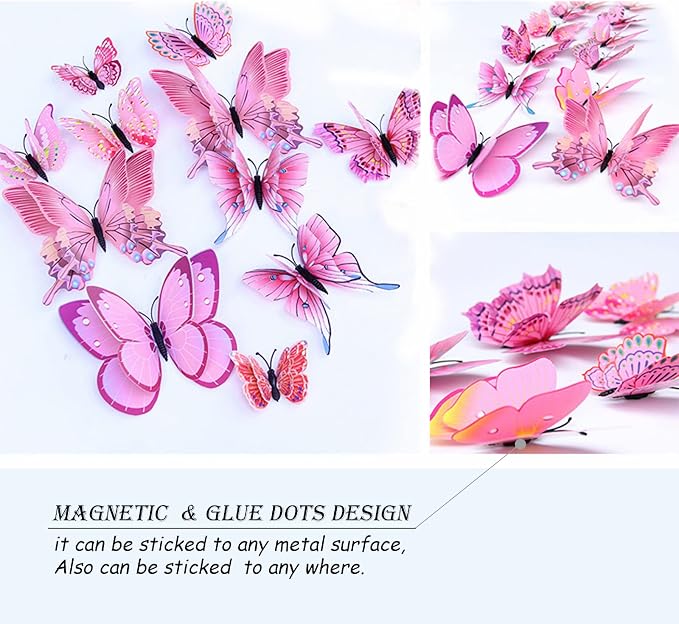 OPSEAM Butterfly Wall Decor 24/48 PCS, 3D Butterflies Stickers for Party Decorations with Magnets(Pink, 24)