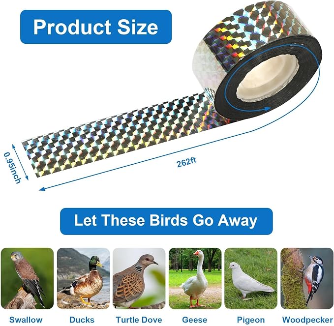 DECYOOL 3 Rolls 787 FT Bird Scare Tape Reflective Repellent Ribbon Hanging | Bird Repellent Tape, House Garden Patio Lawn Orchard, Reflective Bird Scare Tape, 787 FT Total Length Avoid Animal Damage