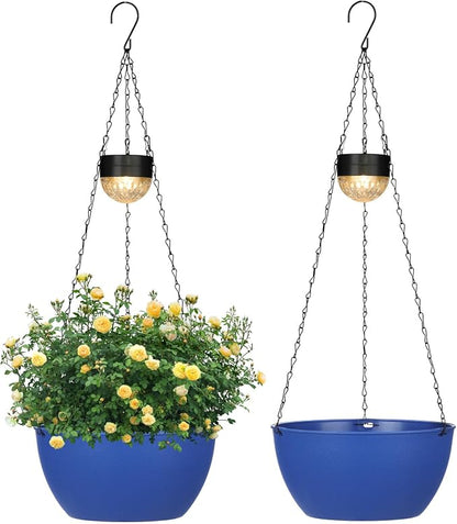 SUNNYPARK 2 Pack Solar Hanging Planters for Plants Outdoor | Self Watering, Blue Flower Pots with Solar Light, Hanging Garden Planters with Drainer for Balcony Patio Outdoor Decor