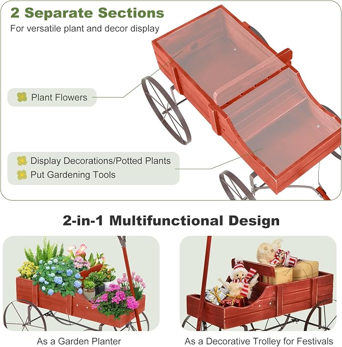 HAPPYGRILL Wooden Wagon Planter, 24.5” x 13.5” x 24” Decorative Garden Planter w/ 2 Planting Sections, Wheels, Handle, Small Decorated Cart, Flower Planter Box for Indoor Outdoor Patio (Red)