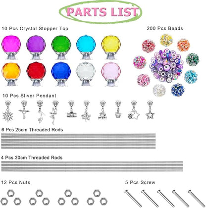 247 PCS Beaded Garden Stakes Kit, DIY Fairy Wand Garden Stake Beads Kits with Assortment Large Hole Beads 10 Crystal Stopper Top Threaded Rods and 10 Silver Pendants for Outdoor Indoor Decor