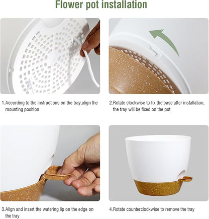 WSMKSZ 12 inch Large Self Watering Pots, Flower Plant Pots with Drainage Holes for Indoor Outdoor Garden Plants, Plastic Planters with Removable Deep Reservoir, White with Brown