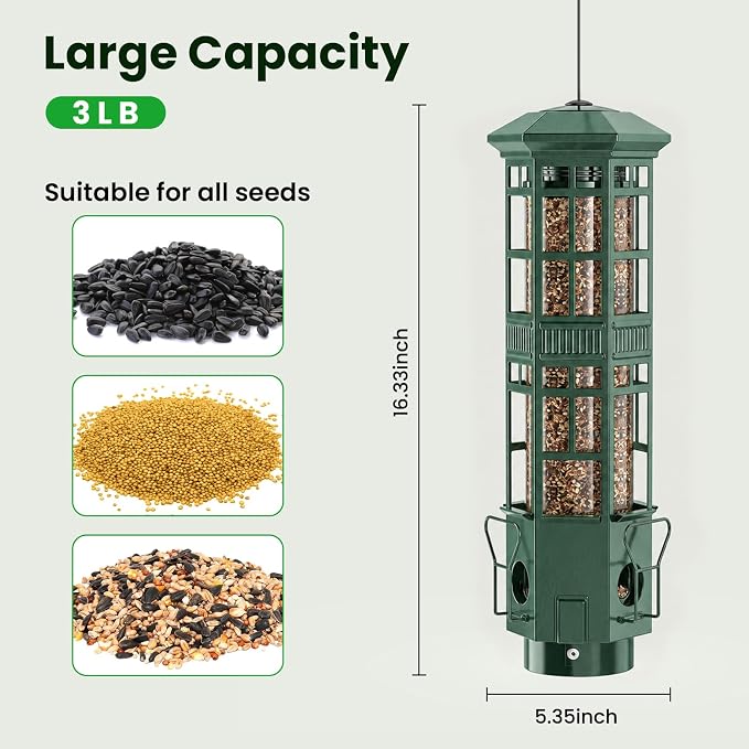 Squirrel Proof Bird Feeder, Chew-Resistant Metal Hanging Bird Feeder for Outdoors Gravity Spring Mechanism, 3 Feeding Ports, 3LB Large Capacity, Weatherproof Design for Wild Birds