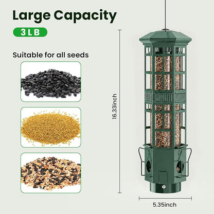 Squirrel Proof Bird Feeder, Chew-Resistant Metal Hanging Bird Feeder for Outdoors Gravity Spring Mechanism, 3 Feeding Ports, 3LB Large Capacity, Weatherproof Design for Wild Birds