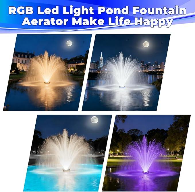 Pond Fountain Aerator with Lights,Floating Fountain for Outdoor Large Ponds | AC110V 1HP 750W with 15000 GPH RGB Light Aeration Aerating Fountain Pump for Outdoor Ponds & Lakes with 15A/100FT Power Cord