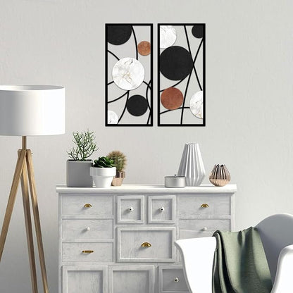 ruelen 2 Pieces Metal Wall Art，Abstract Geometric Circle Decor with Marble Texture, Modern Minimalist Black White Brown Wall Sculpture for Living Room，Bedroom，Office